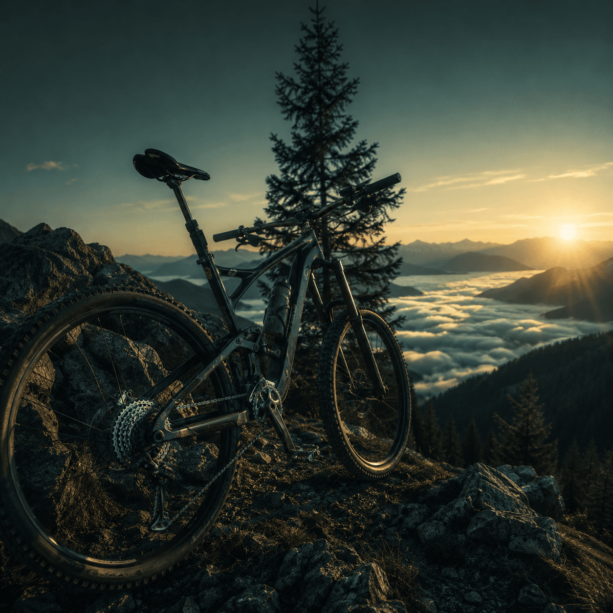 Mountainbike steht auf felsigem Bergkamm vor einer einzeln stehenden, dunklen Bergkiefer, im Hintergrund die bayerischen Alpenketten über einem Wolkenmeer bei warmem Morgenlicht — ein ruhiger Anker für den Notizen-Bereich