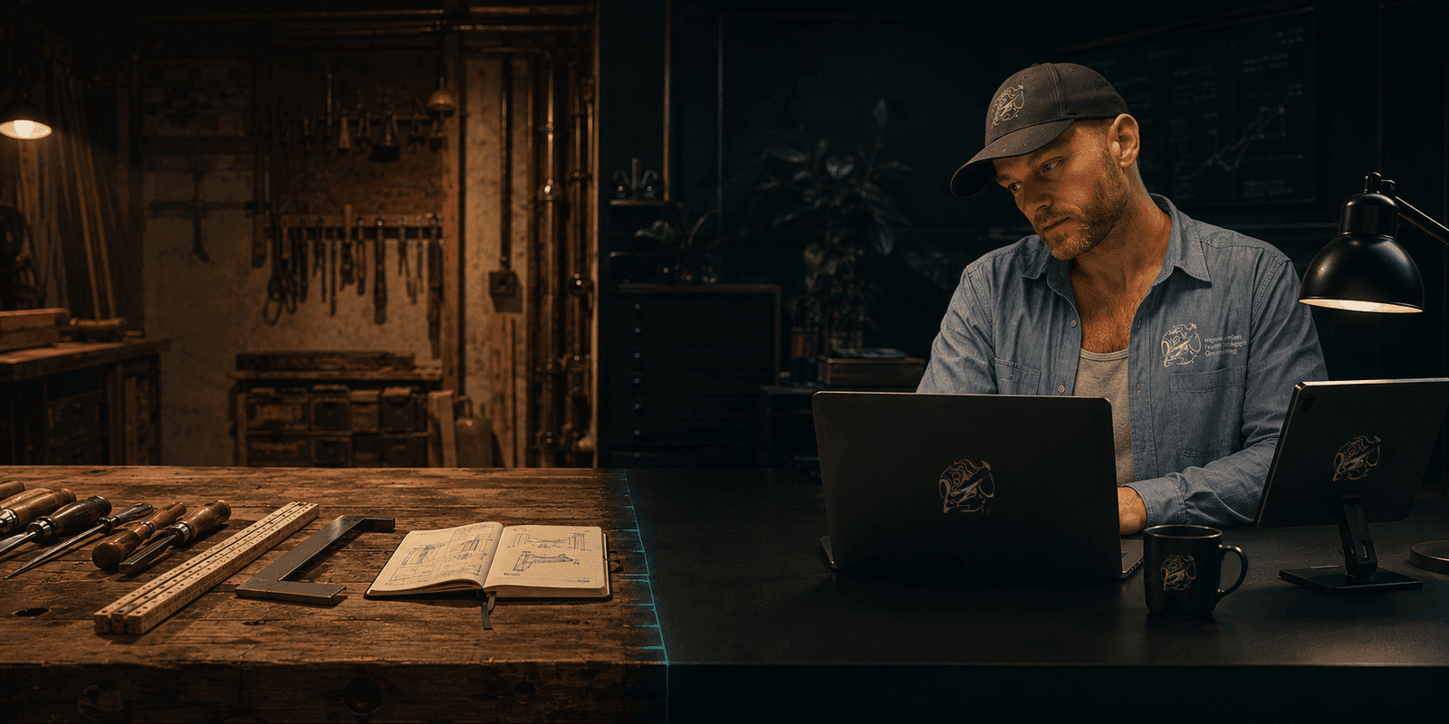 Aaron Schwägerl mit dunkler Kappe und blauem Chambray-Hemd am dunklen Schreibtisch · ein aufgeklappter MacBook mit dem Overmorning-Wappen vor ihm, daneben ein zweiter Monitor mit Diagrammen · links eine alte Hobelbank mit Stechbeiteln, Stahlwinkel, Gliedermesstab und einem aufgeschlagenen Notizbuch mit technischen Zeichnungen · ein schmaler Glanzstreifen aus Smaragdgrün markiert die Linie, an der altes Handwerk und neuer Code zusammentreffen
