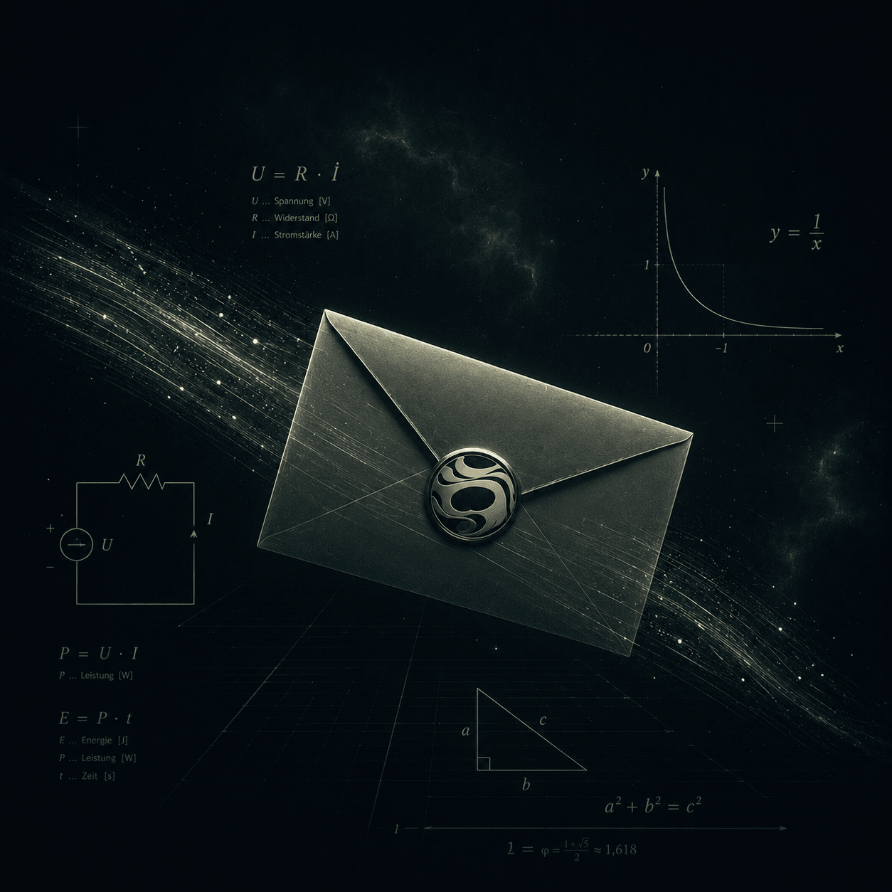 Versiegelter Brief mit goldenem Overmorning-Wappen, eingebettet in elektrische Grundformeln und mathematische Kurven auf einem kosmisch dunklen Hintergrund