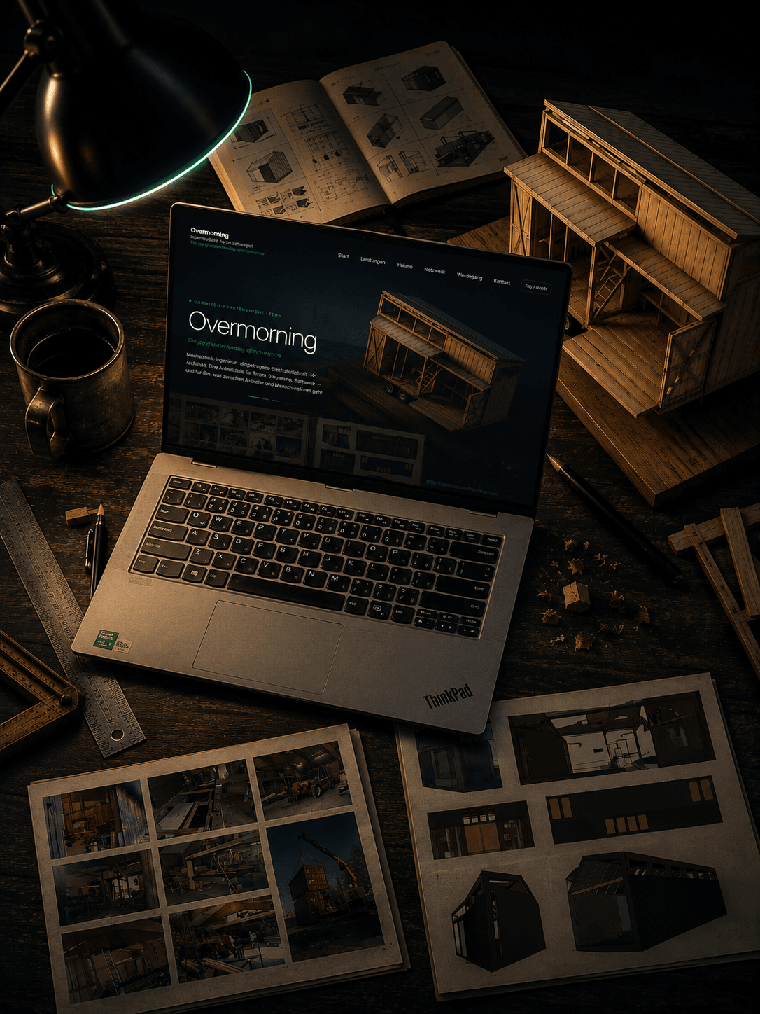 Editoriales Stillleben · ThinkPad zeigt die Overmorning-Webseite mit einem Tiny-Haus-Visual, daneben ein hölzernes Tiny-Haus-Modell, aufgeschlagene Bauplan-Bücher, Zollstock und Bleistift auf einer dunklen Werkbank im warmen Licht einer Pendelleuchte