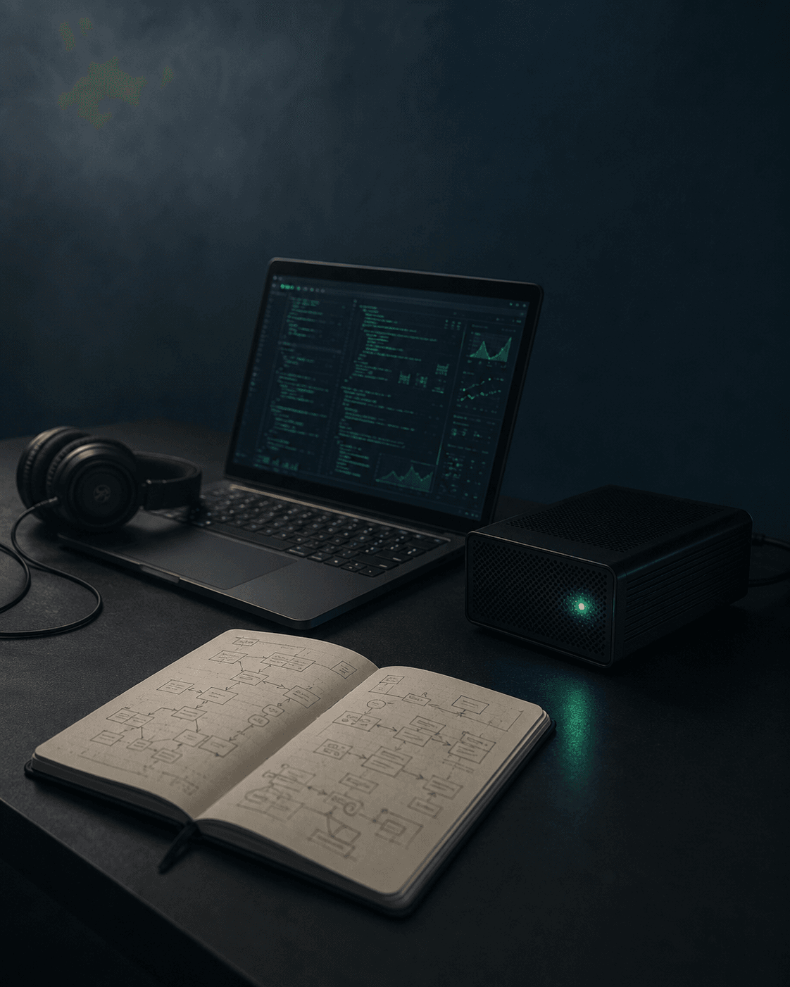 Stille Arbeitsplatz-Szene · auf einem dunklen Tisch ein aufgeklappter Laptop mit Code, daneben ein Paar Studio-Kopfhörer und ein kleines dunkles Server-Gehäuse mit smaragdgrünem Statuslicht, davor ein aufgeschlagenes Notizbuch mit handgezeichneten Schaltkreis- und Formel-Skizzen — die Werkbank, an der die in-Entwicklung-Pakete gerade Form annehmen