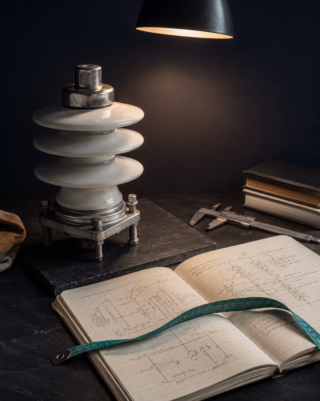 Editoriales Stillleben · Hochspannungs-Stützisolator aus Porzellan, daneben aufgeschlagenes Notizbuch mit handgezeichneten Schaltskizzen, grünes Maßband, Schiebelehre und gebundene Bücher unter einer dunklen Pendelleuchte
