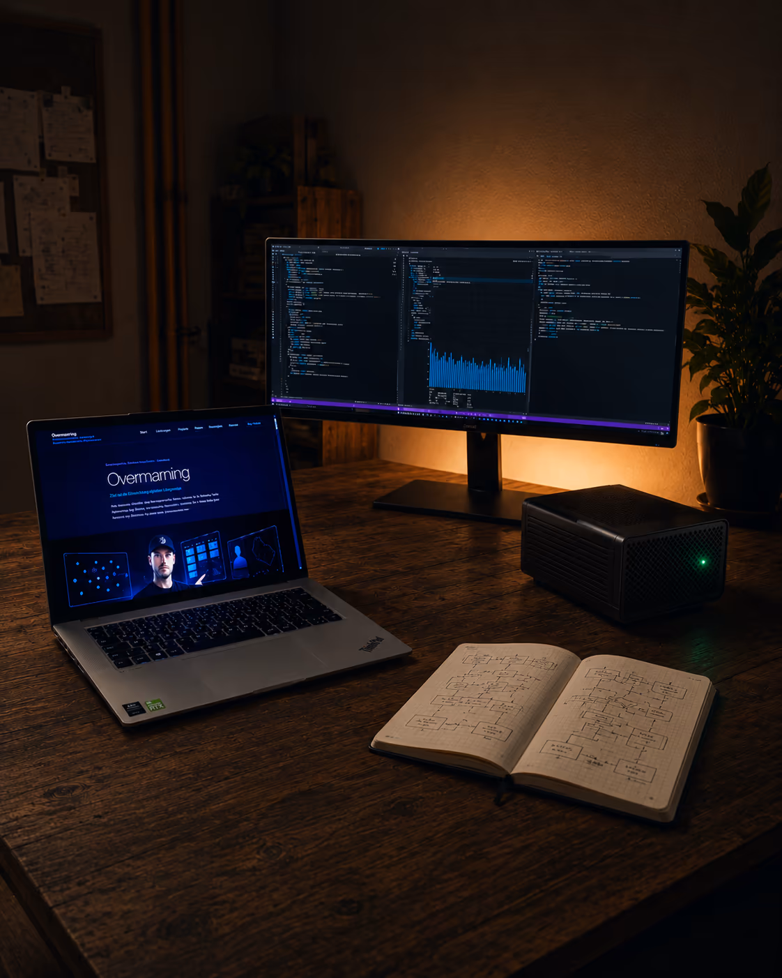 Editoriales Stillleben · dunkler Schreibtisch aus massivem Holz mit aufgeklapptem Laptop, der die Overmorning-Webseite zeigt, dahinter ein Curved-Monitor mit Code und Daten-Visualisierungen, ein dunkles Mini-Lautsprecher-Paar mit smaragdgrünem Statuslicht, daneben ein aufgeschlagenes Notizbuch mit handgezeichneten Schaltkreis- und Formel-Skizzen — die Werkbank des Ingenieurbüros, an der Webentwicklung, Projektplanung und Produktentwicklung jeden Morgen wieder erreichbar werden