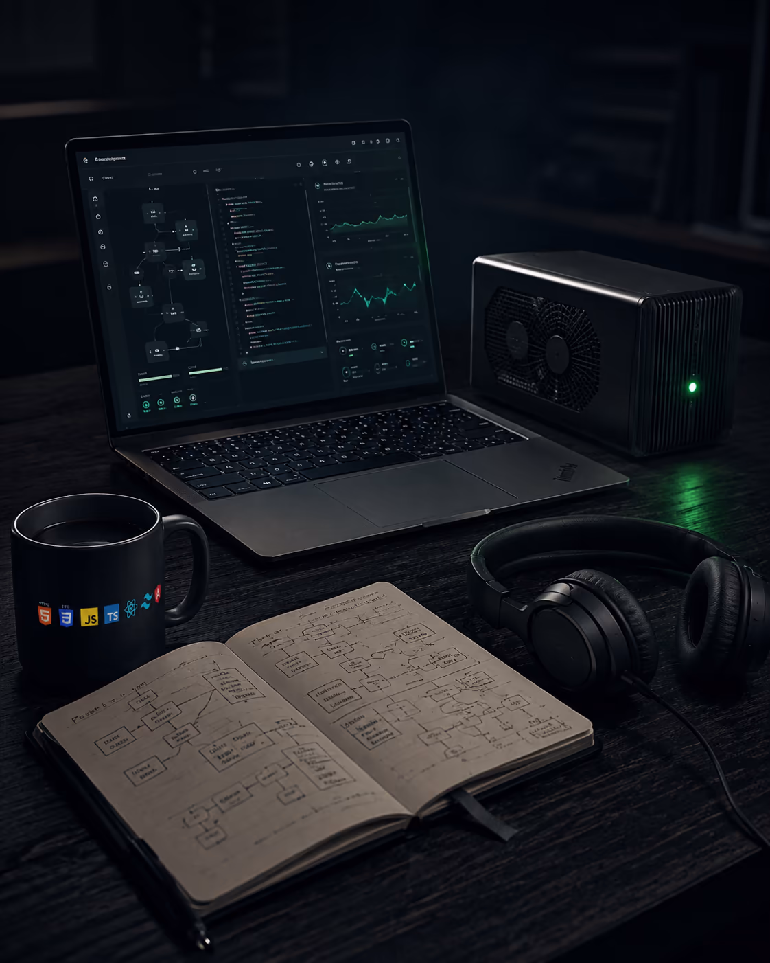 Editoriales Stillleben · Laptop mit lokaler KI-Architektur auf dem Bildschirm, daneben Overmorning-Tasse, Studio-Kopfhörer und ein dunkles Server-Gehäuse mit smaragdgrünem Statuslicht, davor aufgeschlagenes Notizbuch mit Schaltkreis- und Formel-Skizzen