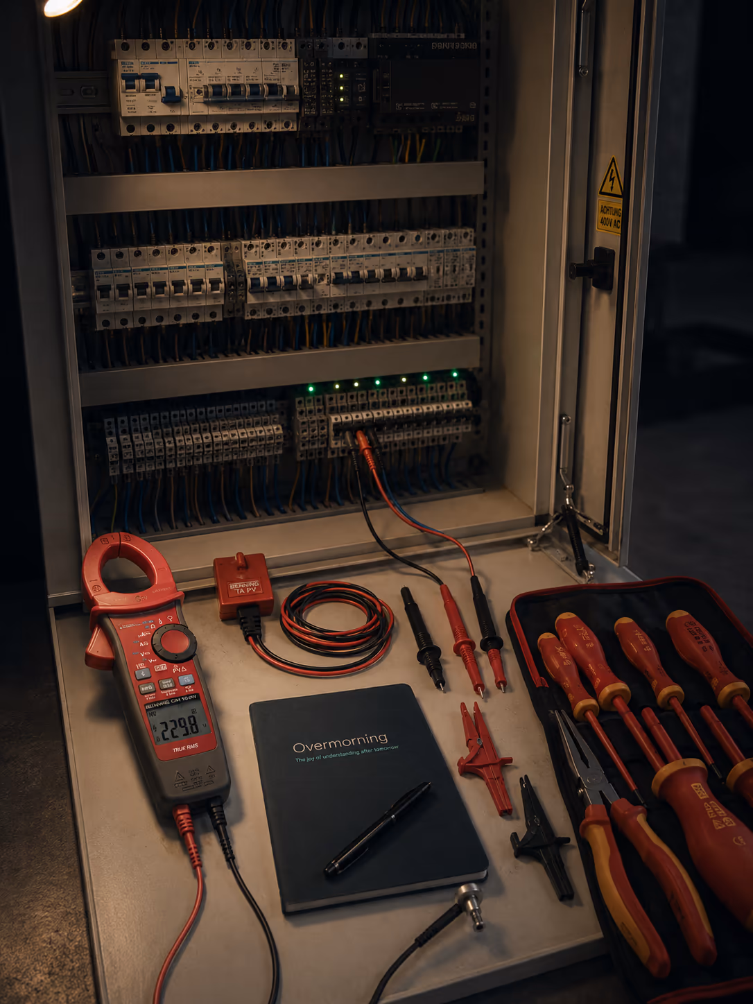 Werkbank einer eingetragenen Elektrofachkraft · Schaltschrank, Messtechnik, Spannungsprüfer, Klemmen-Set