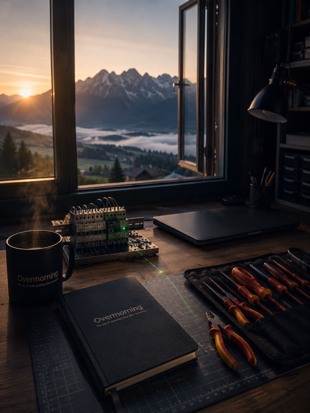 Editoriales Stillleben · Schreibtisch am offenen Fenster mit Blick auf die bayerischen Alpen bei Sonnenaufgang, Wolkenfeld im Tal · Overmorning-Tasse, geschlossenes Overmorning-Notizbuch, Modelle und Werkzeuge auf der Werkbank · der Tag beginnt mit Aussicht, Kaffee und einer Werkbank, die schon weiss, was zu tun ist